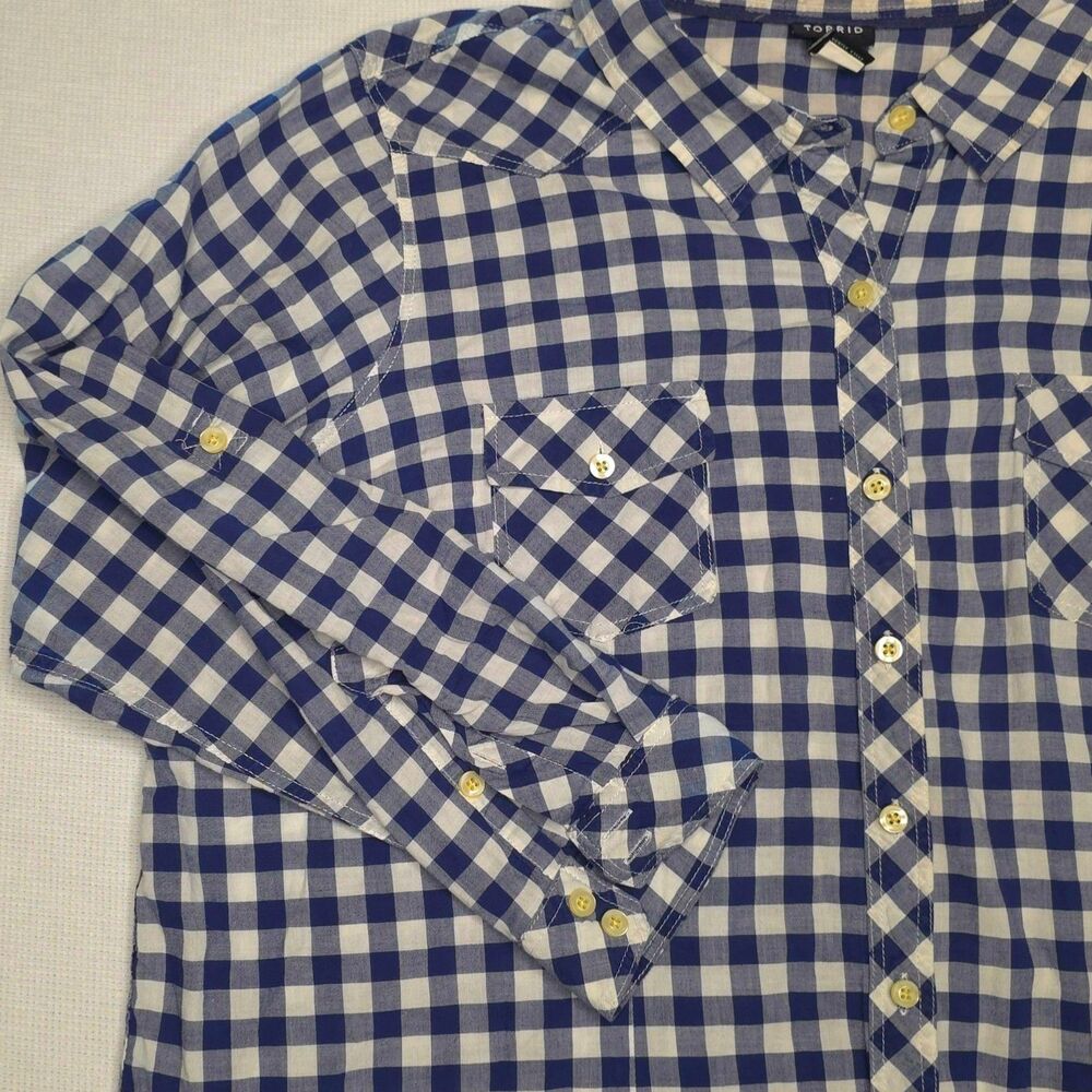 Torrid Women’s 3 Blue Gray White Plaid Button Down Shirt LS 100% Cotton